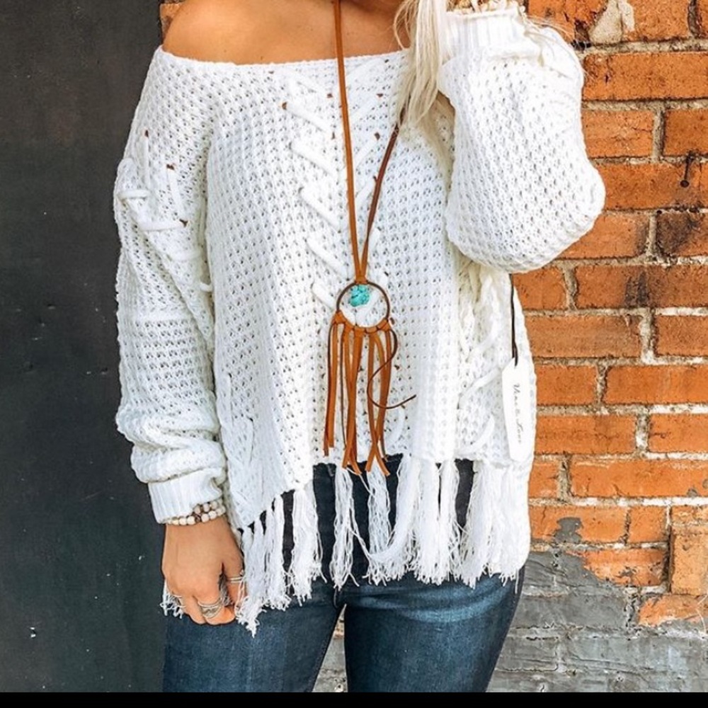 White off the shoulder fringe sweater